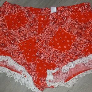 No Boundaries Red Bandana Print Lace Sleep Shorts